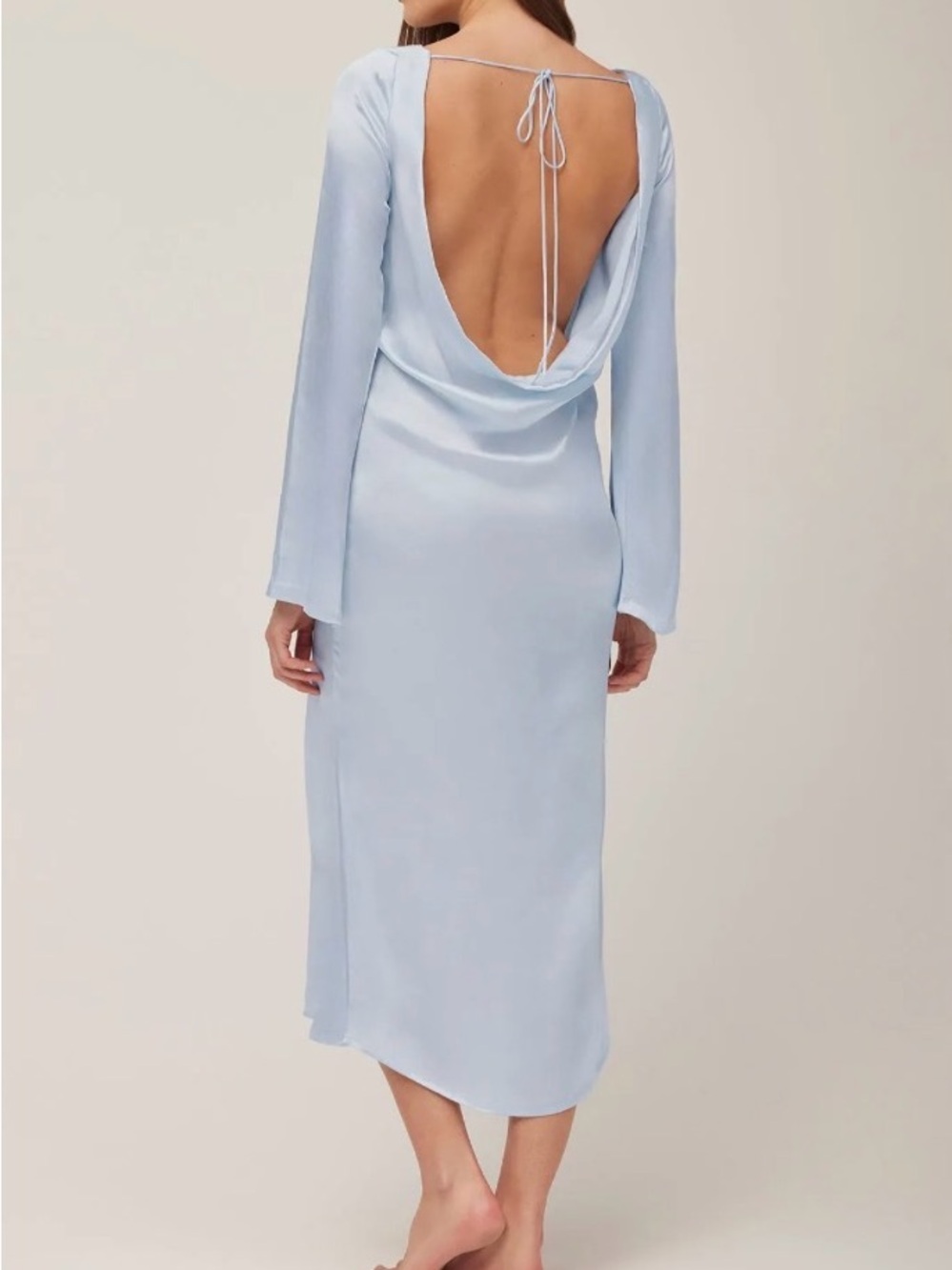 Bumpsuit Backless Bell Sleeve Maternity Gown in Baby Blue Satin S